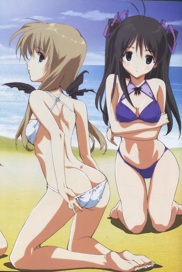 00s 2girls ass bikini black_hair blue_eyes brown_hair butt_crack cloud day futakoi hosoda_naoto jpeg_artifacts kneeling multiple_girls outdoors sakurazuki_yura shirogane_souju sky swimsuit white_bikini