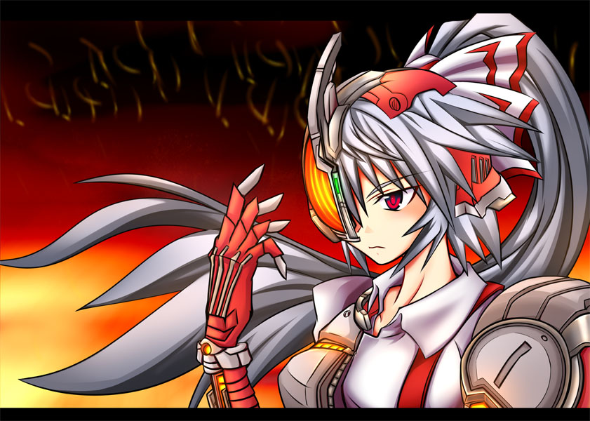 1girl bow breasts female_focus fire fujiwara_no_mokou hair_bow hair_ribbon kamen_rider kamen_rider_555 kamen_rider_faiz kumapan long_hair parody ponytail red_eyes ribbon solo touhou upper_body white_hair