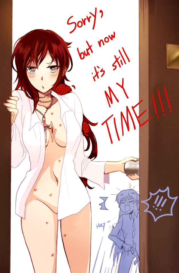 kuma (bloodycolor), ruby rose, weiss schnee, rwby, !, !!, 2girls, aged up,  blush, bottomless, breasts, comic, convenient censoring, dress shirt,  dressing, english text, grey eyes, hickey, long hair, medium breasts,  multiple girls,