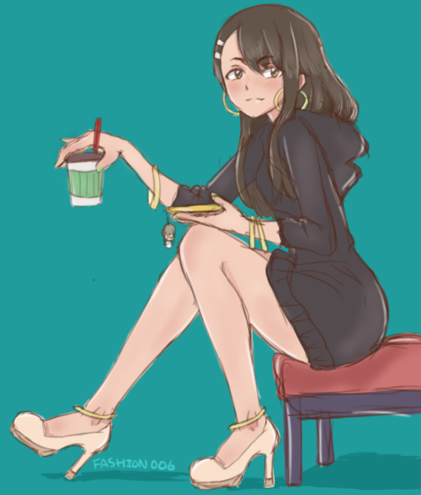 1girl :3 anklet aqua_background asymmetrical_bangs bad_id bad_pixiv_id black_dress black_hair bracelet breasts brown_eyes cellphone cellphone_charm character_charm charm_(object) closed_mouth commentary cup disposable_coffee_cup disposable_cup dress drinking_straw earrings english_commentary english_text from_side gold_anklet gold_bracelet gold_earrings hachiouji_naoto hair_ornament hair_over_shoulder hairclip high_heels holding holding_cup holding_phone hood hood_down hooded_dress hoop_earrings ijiranaide_nagatoro-san jewelry knees_up light_blush light_smile long_hair long_sleeves looking_at_viewer looking_to_the_side mikihaus multiple_bracelets nagatoro_hayase on_stool phone shadow simple_background sitting sketch small_breasts smartphone smile solo stool sweater sweater_dress white_footwear