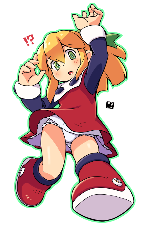 !? 1girl blonde_hair dress female_focus green_eyes hair_ribbon mawaru_(mawaru) open_mouth panties ponytail red_dress ribbon mega_man_(series) mega_man_(classic) roll_(mega_man) sidelocks simple_background solo underwear upskirt white_background white_panties