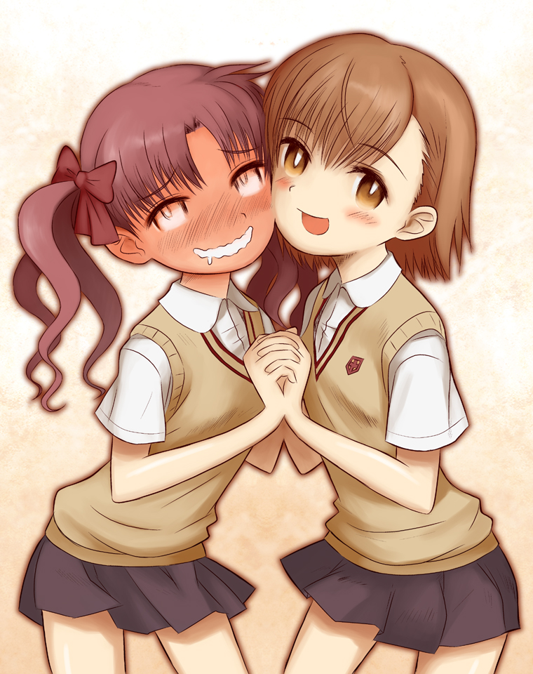 2girls bad_id bad_pixiv_id blush brown_eyes brown_hair cheek-to-cheek drooling holding_hands heads_together jitsudan long_hair misaka_mikoto multiple_girls saliva school_uniform shirai_kuroko short_hair sweater_vest symmetry toaru_kagaku_no_railgun toaru_majutsu_no_index twintails wavy_mouth