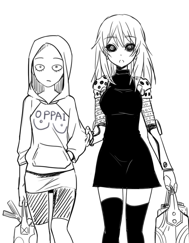 2girls bald bald_girl black_sclera colored_sclera cyborg dress genderswap genderswap_(mtf) genos greyscale groceries hood hoodie image_sample long_hair looking_at_viewer monochrome multiple_girls mytyl one-punch_man pixiv_sample saitama_(one-punch_man) thighhighs zettai_ryouiki