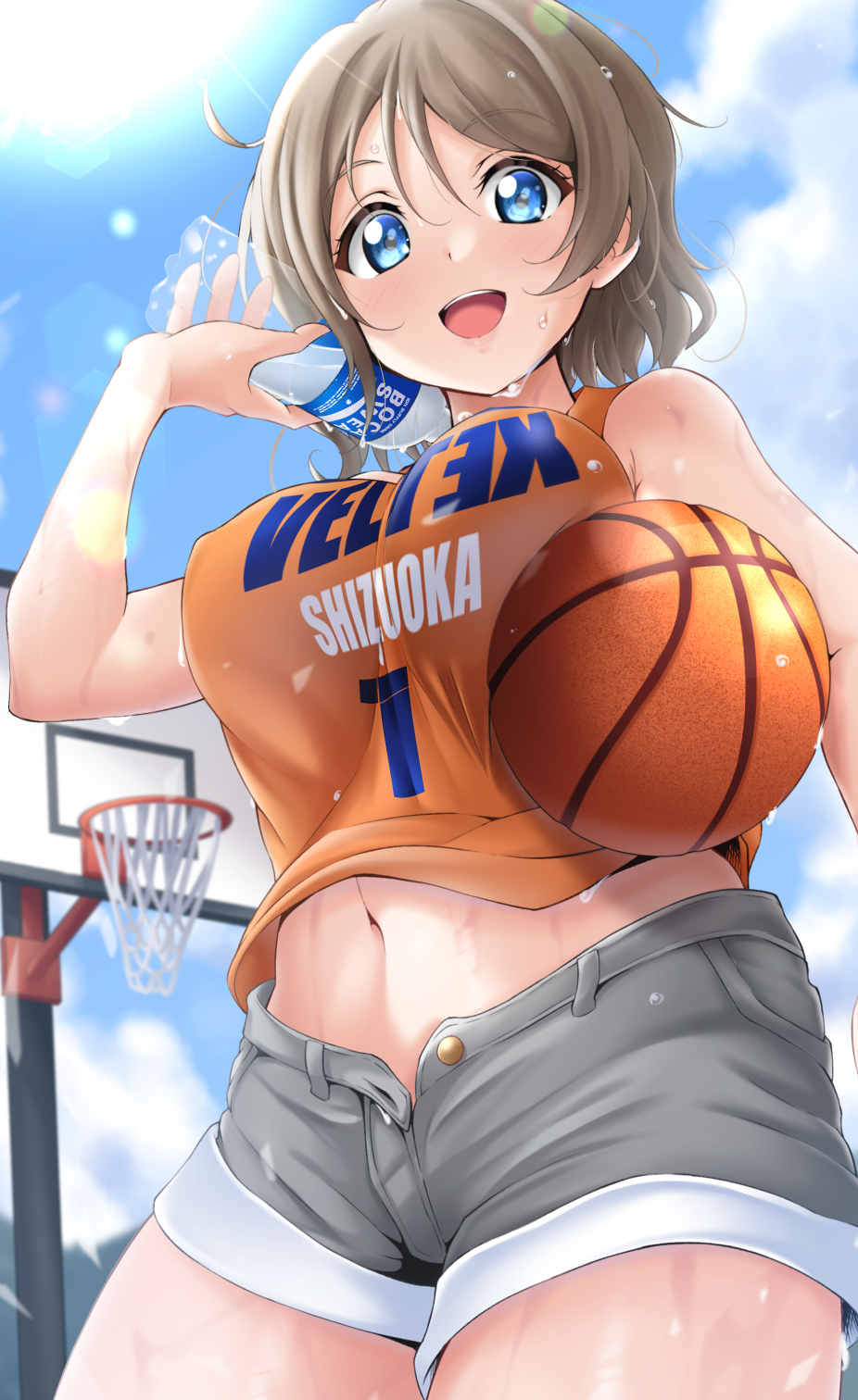 1girl ball bare_shoulders basketball basketball_(object) basketball_hoop basketball_jersey bloom blue_eyes bottle breasts breasts_squeezed_together brown_hair covered_erect_nipples from_below highres kirisaki_reina large_breasts looking_at_viewer love_live! love_live!_sunshine!! midriff_peek navel open_fly open_mouth outdoors short_shorts shorts sky smile sunlight swept_bangs watanabe_you water_bottle wet