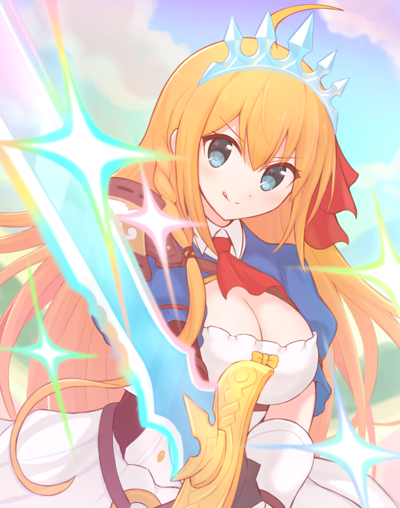 1girl ahoge ascot blue_eyes blue_sleeves braid breasts cleavage hair_ribbon holding holding_sword holding_weapon large_breasts orange_hair pecorine_(princess_connect!) princess_connect! red_ascot red_ribbon ribbon shrug_(clothing) side_braid solo suta_(clusta) sword tiara weapon