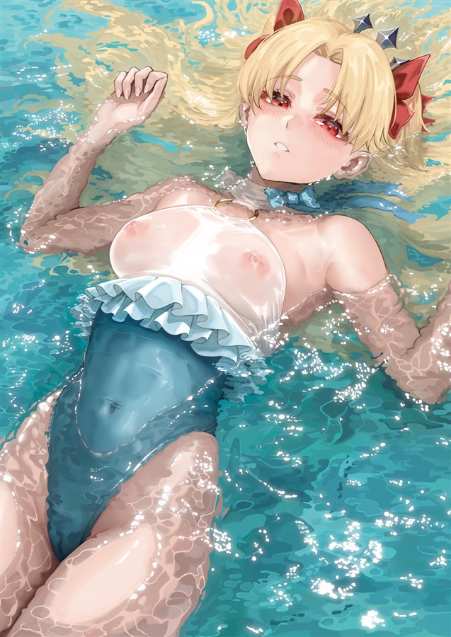 1girl blonde_hair covered_erect_nipples covered_navel ereshkigal_(fate) fate/grand_order fate_(series) frilled_one-piece_swimsuit frills highleg highleg_one-piece_swimsuit long_hair looking_at_viewer lying o-ring o-ring_swimsuit ocean on_back one-piece_swimsuit outdoors parted_lips partially_submerged red_eyes see-through_clothes solo space_ereshkigal_(fate) space_ereshkigal_(first_ascension)_(fate) swimsuit two-tone_one-piece_swimsuit two-tone_swimsuit two_side_up yamaneko_(tkdrumsco)