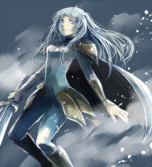 1girl armor bodysuit claymore_(series) claymore_(sword) cloud dietrich female_focus gradient_background grey_eyes imasara404ter silver_hair snow solo sword weapon