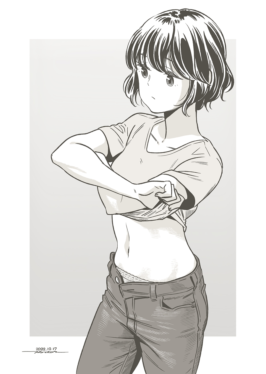 1girl closed_mouth clothes_lift dated denim highres horikou jeans lifting_own_clothes midriff monochrome navel panties pants shima_saki shirt shirt_lift short_hair short_sleeves signature solo underwear undressing yurucamp