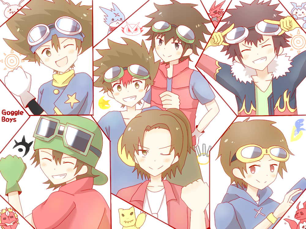 6+boys agnimon agumon_(digimon_savers) akashi_tagiru chibimon daimon_masaru_(digimon_savers) digimon digimon_adventure digimon_adventure_02 digimon_frontier digimon_savers digimon_tamers digimon_xros_wars digimon_xros_wars:_toki_wo_kakeru_shounen_hunter-tachi goggles goggles_on_head googles guilmon gumdramon kanbara_takuya koromon kudou_taiki matsuda_takato motomiya_daisuke multiple_boys shoutmon_king_ver. yagami_taichi