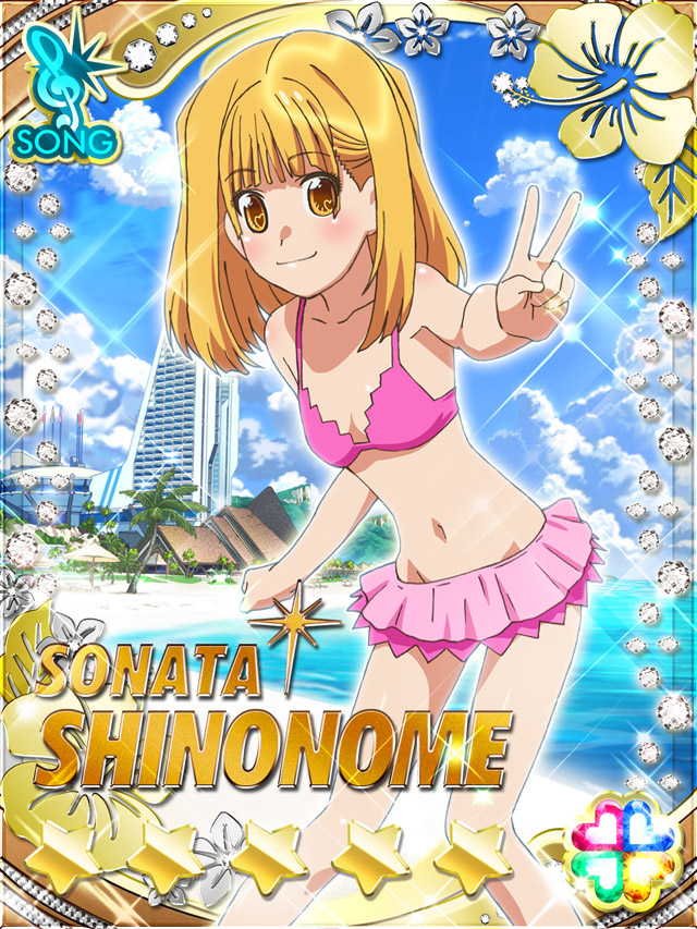 1girl akb0048 beach bikini blonde_hair blunt_bangs blush brown_eyes card_(medium) character_name closed_mouth cloud collarbone cumulonimbus_cloud feet_out_of_frame groin heart long_hair looking_at_viewer navel non-web_source ocean official_art outdoors outstretched_arm palm_tree pink_bikini shinonome_sonata sky smile solo sparkle standing star_(symbol) swimsuit tree v