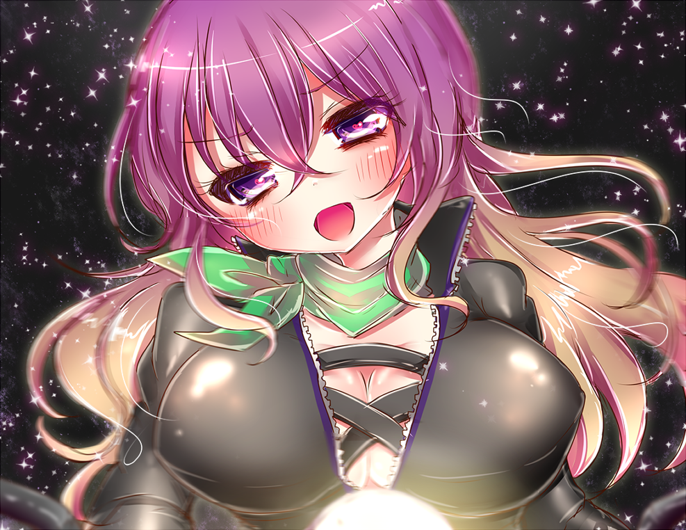 1girl blonde_hair blush breasts cleavage female_focus gradient_hair heart heart-shaped_pupils hijiri_byakuren jacket large_breasts leather leather_jacket long_hair matasabuyarou multicolored_hair open_mouth purple_eyes purple_hair scarf solo symbol-shaped_pupils touhou turbo_byakuren