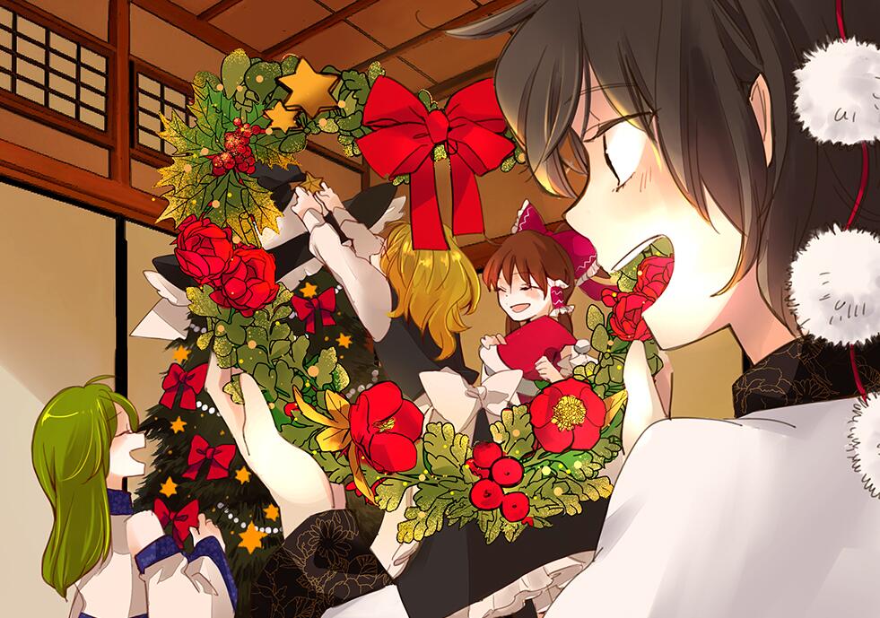 4girls black_hair black_headwear black_skirt black_vest blonde_hair blush bow brown_hair christmas christmas_ornaments christmas_tree closed_eyes commentary detached_sleeves flower frilled_bow frilled_hair_tubes frills green_hair hair_bow hair_tubes hakurei_reimu hat hat_bow holding holding_bow_(ornament) holding_unworn_clothes holding_hat holding_star holding_unworn_clothes holding_wreath holly kirisame_marisa kochiya_sanae light_blush long_hair long_sleeves multiple_girls open_mouth pointy_ears pom_pom_(clothes) red_bow santa_hat shameimaru_aya short_hair skirt smile star_(symbol) touhou unworn_bow unworn_headwear vest white_bow witch_hat wreath yonu_(yonurime)