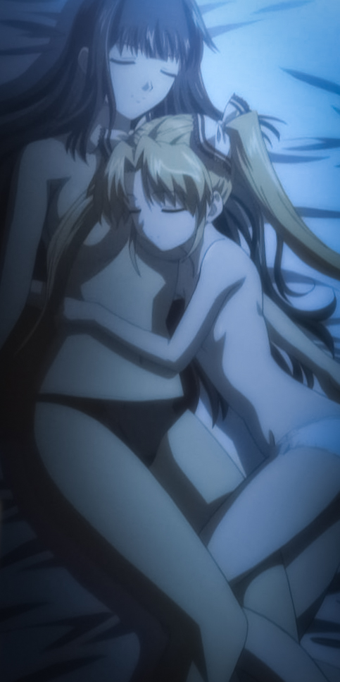 age_difference anime_screenshot bed black_hair black_panties blonde_hair breast_pillow breasts closed_eyes couple cuddling head_on_another&#039;s_breasts height_difference hug kimi_ga_aruji_de_shitsuji_ga_ore_de kuonji_miyu kuonji_shinra leg_between_thighs long_hair lying medium_breasts non-web_source nude onee-loli panties petite sleeping small_breasts stitched third-party_edit twintails underwear underwear_only very_long_hair white_panties yuri