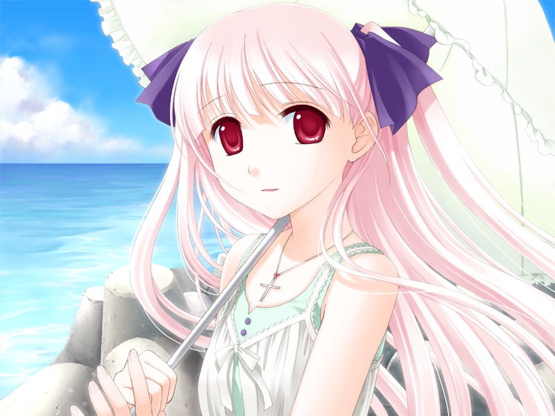 1girl amanatsu beach female_focus game_cg ginta long_hair misonogi_sakurako outdoors pink_hair red_eyes sky sleeveless solo umbrella water