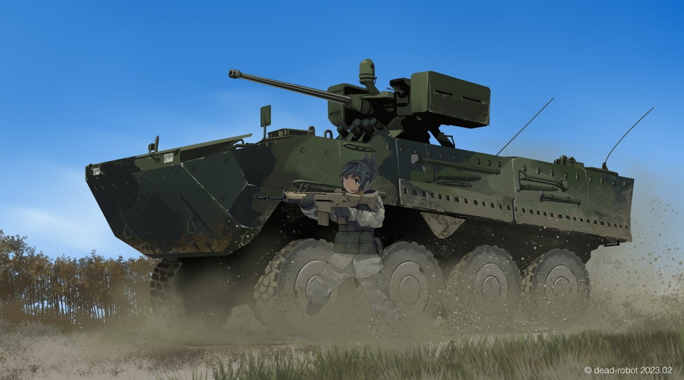 1girl armored_personnel_carrier armored_vehicle autocannon battle_rifle bulletproof_vest cannon dead-robot dust field gun missile_pod motor_vehicle original pandur_ii rail_(weapon) rifle solo weapon