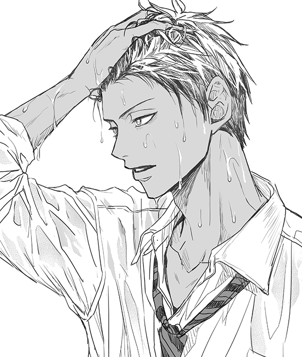 1boy a_jou aomine_daiki arm_up collarbone collared_shirt dark-skinned_male dark_skin from_side greyscale hand_on_own_head kuroko_no_basuke looking_ahead male_focus monochrome necktie open_collar parted_lips shirt simple_background sleeves_rolled_up solo striped_necktie teeth upper_body wet wet_clothes wet_hair white_background wing_collar