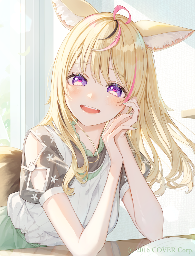 1girl ahoge animal_ear_fluff animal_ears black_hair blouse clothing_cutout fox_ears fox_girl fox_tail green_skirt hololive kinako_(shiratama_mochi) long_hair multicolored_hair omaru_polka omaru_polka_(street_casual) open_mouth pink_hair pink_pupils purple_eyes rabbit_ornament shirt short_sleeves skirt solo table tail teeth upper_teeth_only virtual_youtuber white_shirt