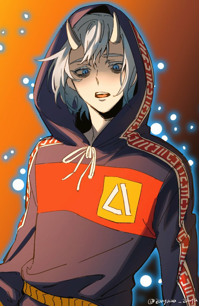 1boy artist_name bags_under_eyes blue_eyes blue_hair energy_ball hair_between_eyes hood hood_up hoodie horns khun_royale_elliot light_blue_hair medium_hair open_mouth simple_background solo teeth tower_of_god twitter_username upper_teeth_only zayaaa_zaya