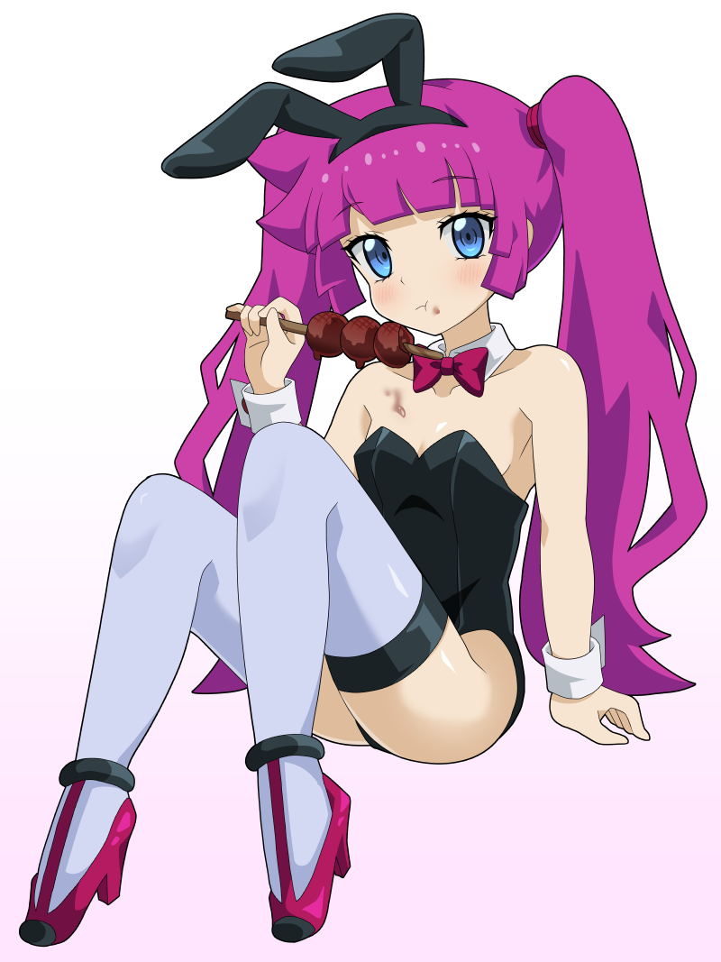 1girl alternate_costume animal_ears black_leotard blue_eyes breasts cleavage closed_mouth collar detached_collar eating fake_animal_ears high_heels holding holding_stick kirishima_romin kura_(xxcracy) leotard long_hair looking_at_viewer playboy_bunny purple_hair rabbit_ears red_footwear small_breasts solo stick strapless strapless_leotard thighhighs twintails very_long_hair white_background white_collar white_thighhighs white_wrist_cuffs wrist_cuffs yu-gi-oh! yu-gi-oh!_sevens