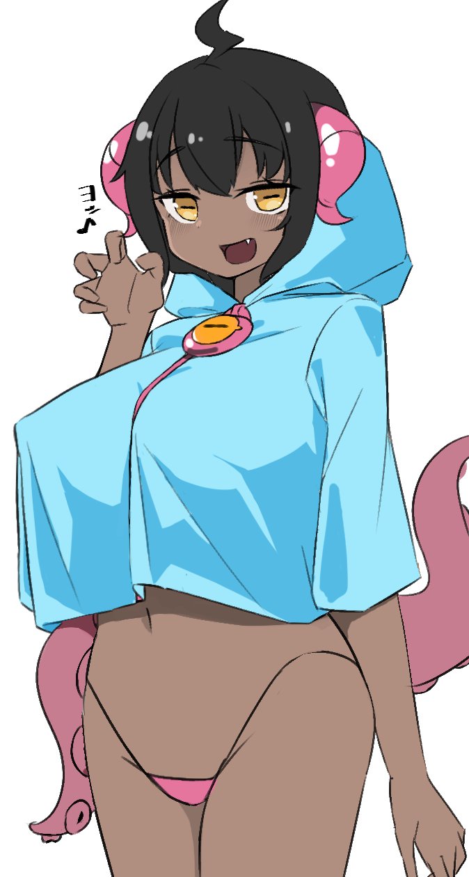 1girl ahoge black_hair blue_hoodie breasts character_request chase_chase_jokers claw_pose commentary_request cowboy_shot crop_top crop_top_overhang cropped_hoodie dark-skinned_female dark_skin fang highres hood hood_down hoodie horizontal_pupils horns huge_breasts large_breasts looking_at_viewer nouka open_mouth panties pink_horns pink_panties short_hair simple_background smile solo tentacles underwear white_background