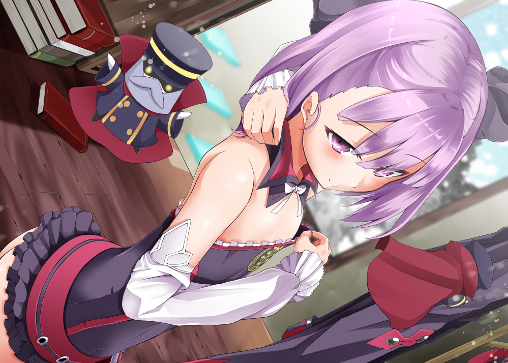 1girl arm_behind_head bare_shoulders blush bow detached_sleeves fate/grand_order fate_(series) female_focus flat_chest hair_bow helena_blavatsky_(fate) looking_at_viewer purple_eyes purple_hair sefirot shirosuzu short_hair smile solo strapless