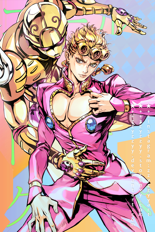 1boy bare_pectorals blonde_hair braid cleavage_cutout closed_mouth clothing_cutout commentary_request cowboy_shot curly_hair deviantart_username giorno_giovanna gold_experience green_eyes heart_cutout instagram_username jacket jojo_no_kimyou_na_bouken lips long_hair long_sleeves looking_at_viewer male_focus multicolored_background pants pectoral_cleavage pectorals purple_jacket purple_pants serious single_braid stand_(jojo) standing star_(symbol) vento_aureo watermark web_address zzyzzyy