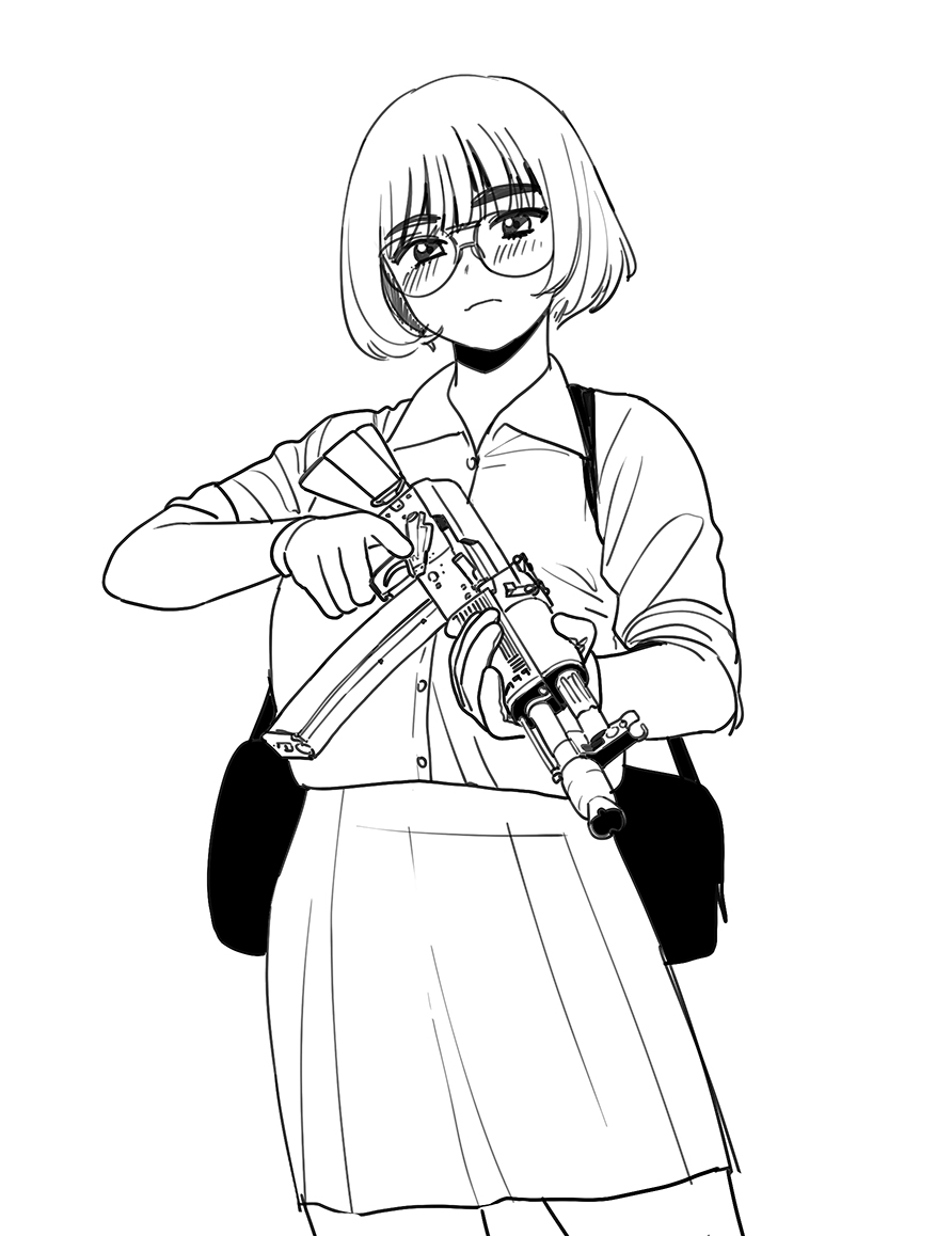 1girl ak-105 assault_rifle bag blush closed_mouth collared_shirt commentary cowboy_shot glasses greyscale gun holding holding_gun holding_weapon looking_at_viewer monamin monochrome original rifle shirt shirt_tucked_in short_hair shoulder_bag skirt sleeves_rolled_up solo weapon