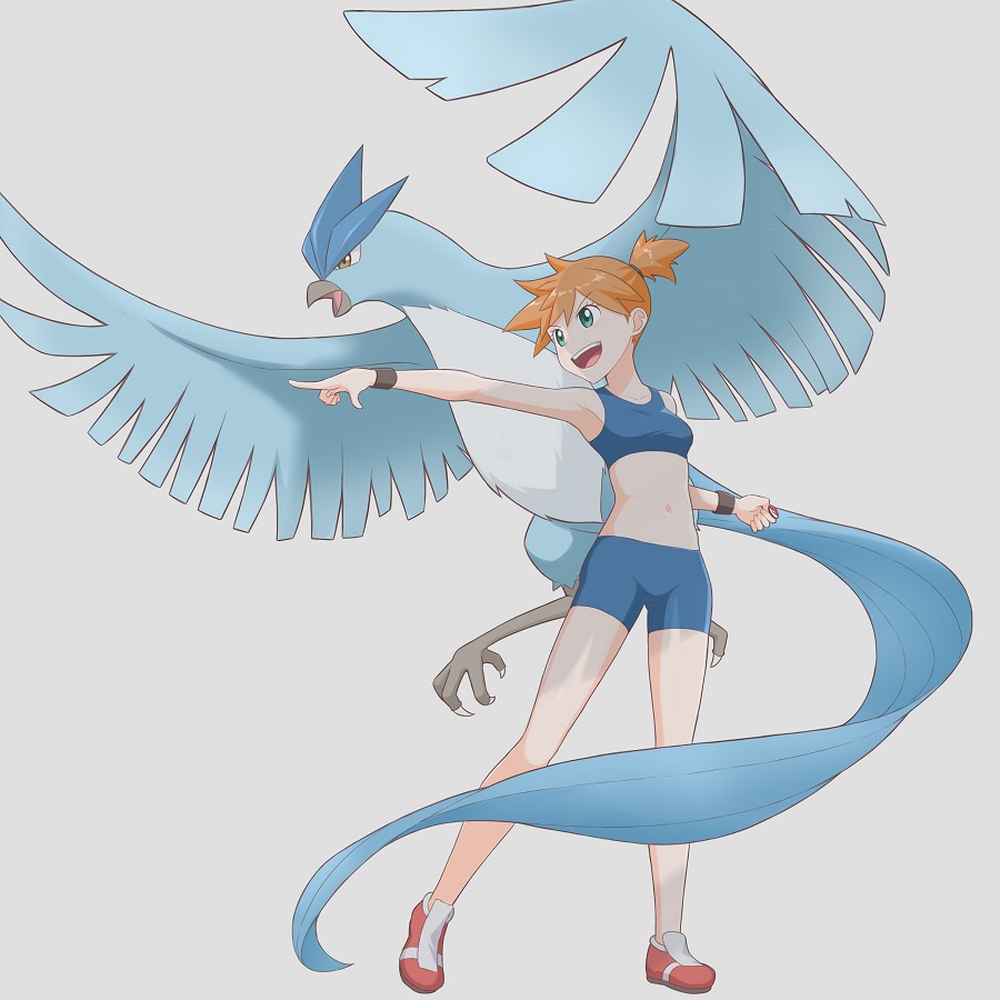 1girl :d articuno asymmetrical_hair bikini blue_bikini breasts creatures_(company) crop_top game_freak gen_1_pokemon green_eyes gym_leader knees legendary_pokemon looking_at_viewer midriff misty_(pokemon) navel nintendo open_mouth orange_hair outstretched_arm pointing pokemon pokemon_(anime) pokemon_(classic_anime) pokemon_frlg pokemon_rgby ponytail red_footwear shirt shoes short_hair shorts side_ponytail smile solo standing swimsuit teeth tongue upper_teeth_only wristband