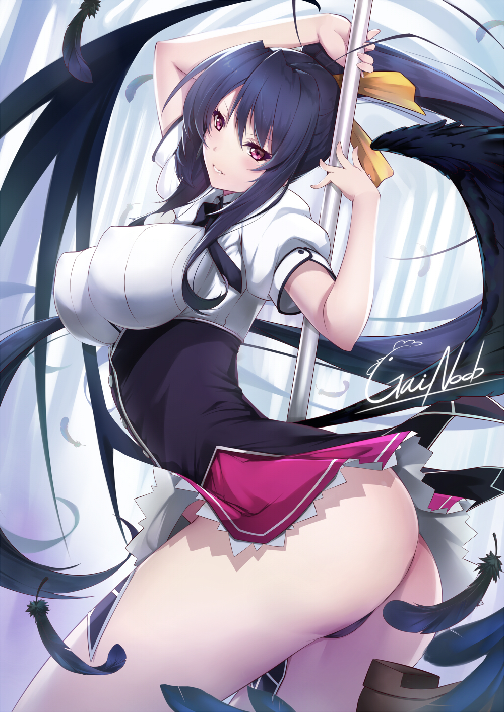 1girl arms_up artist_name ass bad_id bad_pixiv_id black_feathers black_hair black_neckwear black_panties blush breasts commission corset covered_erect_nipples demon_wings feathered_wings feathers female_focus gainoob hair_between_eyes hair_ribbon high_school_dxd highres himejima_akeno holding holding_pole kuoh_academy_school_uniform large_breasts long_hair looking_at_viewer panties parted_lips pole ponytail purple_eyes ribbon school_uniform shirt short_sleeves sidelocks signature skirt smile solo thighs underwear very_long_hair white_shirt wings yellow_ribbon