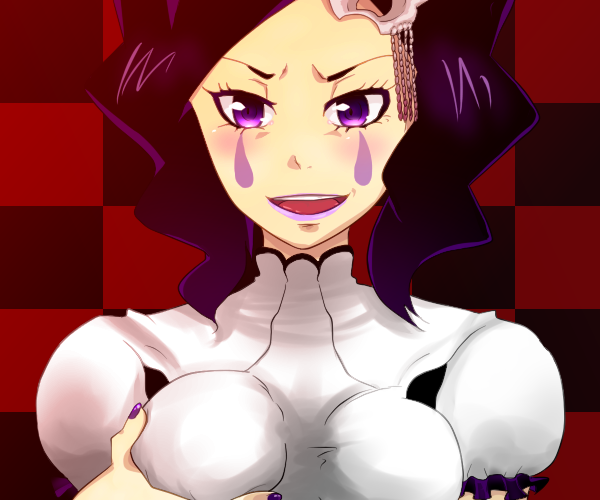 1girl arrancar bleach blush breasts checkered_background cirucci_sanderwicci facial_mark grabbing_another&#039;s_breast grabbing_own_breast groping hair_ornament lipstick makeup nail_polish open_mouth puffy_sleeves purple_eyes purple_hair purple_lips purple_nails short_twintails smile twintails wavy_hair