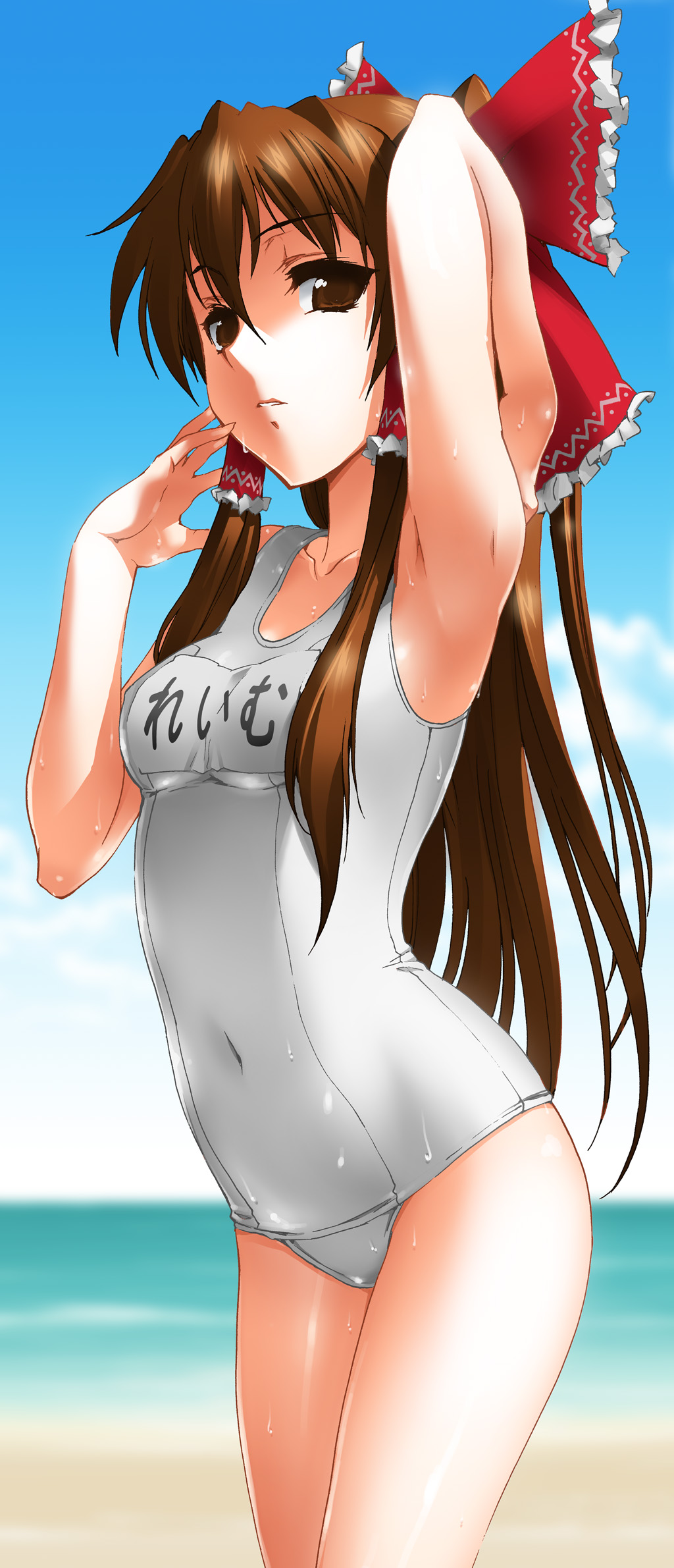 1girl arm_up armpits bare_shoulders bow brown_eyes brown_hair day female_focus hair_bow hair_tubes hakurei_reimu henshako highres long_hair ocean one-piece_swimsuit parted_lips school_swimsuit skindentation solo swimsuit touhou wet white_school_swimsuit white_one-piece_swimsuit