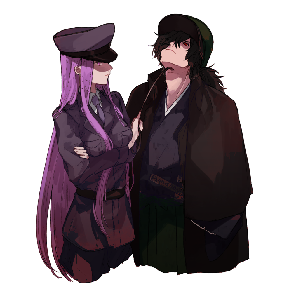 1boy 1girl alternate_costume black_hair fate/type_redline fate_(series) femdom long_hair medusa_(fate) nekoyamiyako okada_izou_(fate) purple_eyes purple_hair red_eyes simple_background white_background