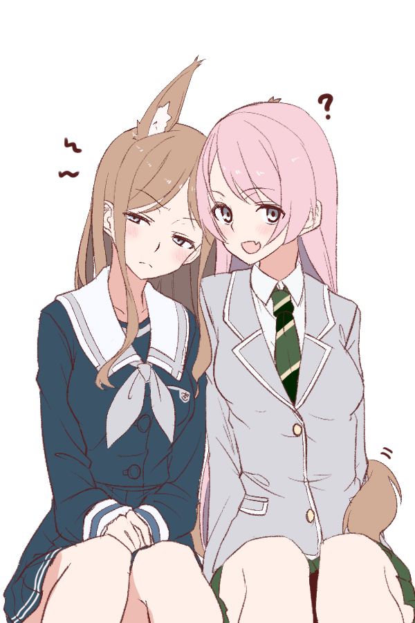 2girls animal_ears bang_dream! bang_dream!_it&#039;s_mygo!!!!! blazer blue_serafuku blue_shirt blue_skirt blush breasts brown_hair chihaya_anon closed_mouth collarbone collared_shirt commentary diagonal-striped_clothes diagonal-striped_necktie dress_shirt fang fox_ears fox_girl fox_tail green_necktie green_skirt grey_eyes grey_jacket grey_neckerchief gumoyu haneoka_school_uniform jacket kemonomimi_mode long_hair long_sleeves looking_at_viewer medium_breasts multiple_girls nagasaki_soyo neckerchief necktie pink_hair pleated_skirt sailor_collar school_uniform serafuku shirt sidelocks simple_background sitting skin_fang skirt striped_clothes tail tsukinomori_school_uniform white_background white_sailor_collar white_shirt yuri