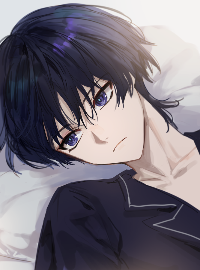 1boy bishounen black_hair black_shirt black_sleeves blunt_ends bright_pupils closed_mouth collarbone expressionless eyeliner eyeshadow fractalmagnolia genshin_impact hair_between_eyes lapels looking_to_the_side makeup male_focus neck portrait purple_eyes red_eyeliner red_eyeshadow scaramouche_(genshin_impact) shirt solo white_pupils