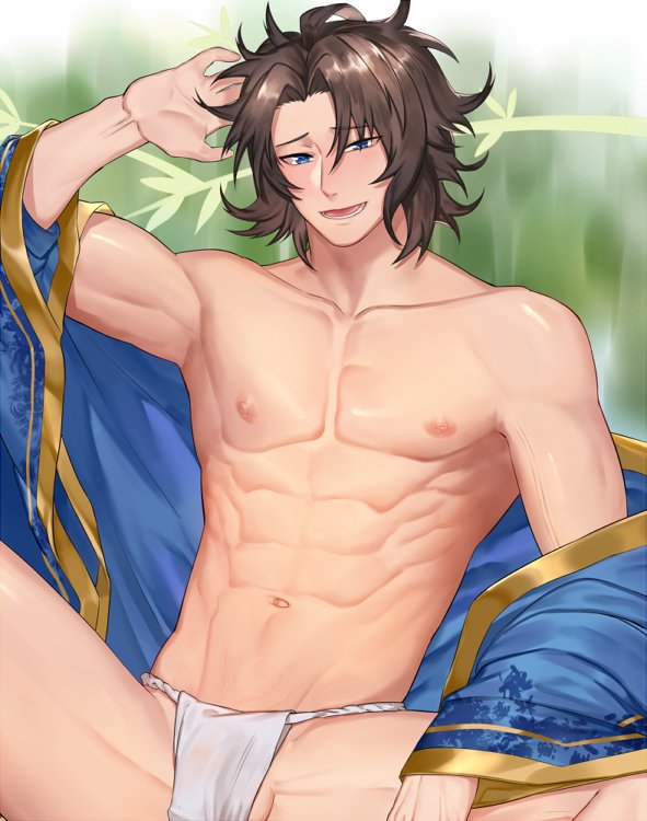 1boy abs blue_eyes blue_jacket brown_hair jacket male_focus male_underwear muscular muscular_male navel nipples open_mouth original short_hair solo stomach underwear white_male_underwear zhineart