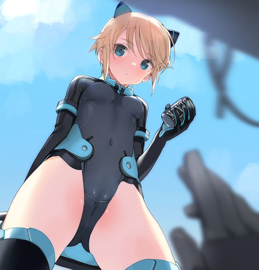 1girl backlighting blonde_hair blue_eyes breasts can cloud covered_navel gluteal_fold holding holding_can leotard looking_at_viewer looking_down mecha_pilot_suit medium_breasts motion_slit original pov shimada_fumikane short_hair sky solo