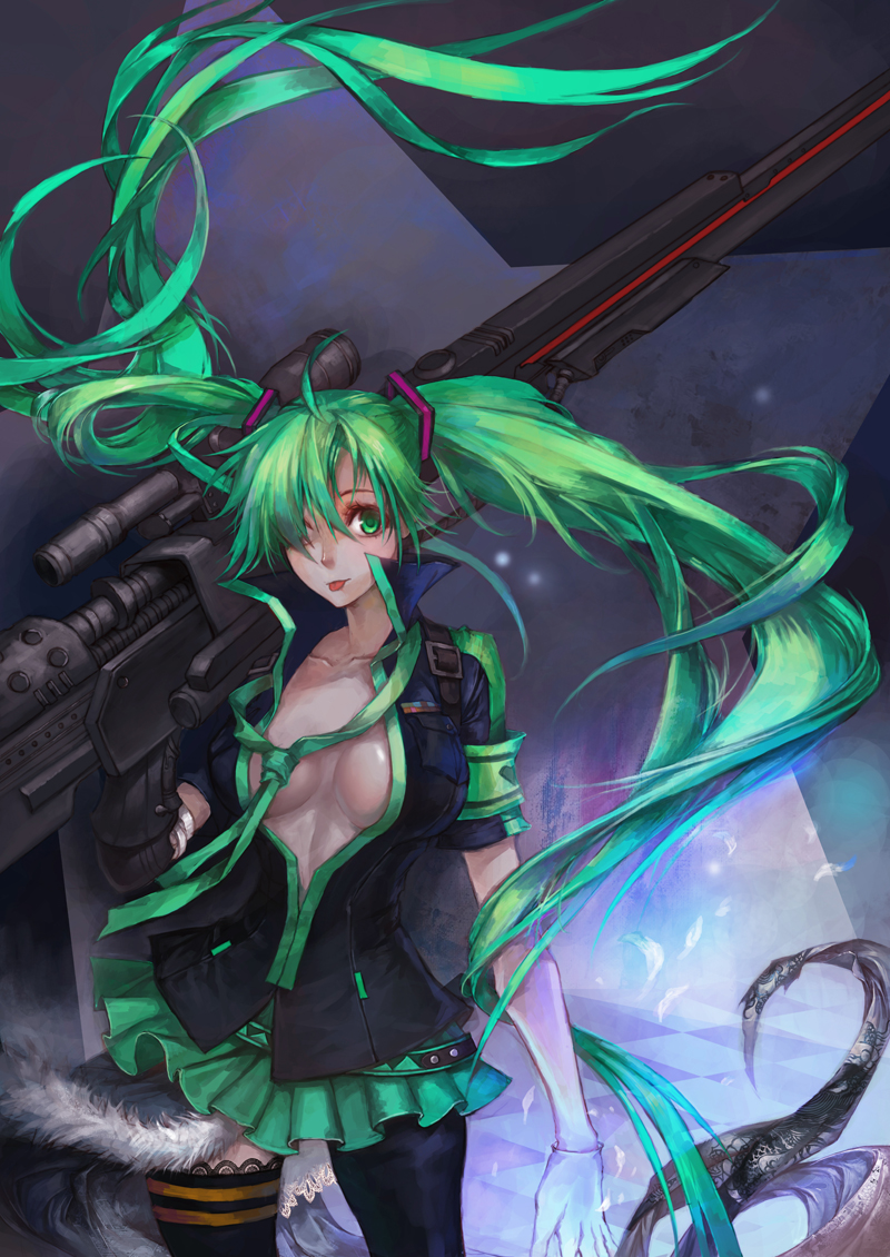 1girl :p ahoge aqua_eyes aqua_hair breasts chang chang_(pixiv) cleavage female_focus gloves gun hair_over_one_eye hatsune_miku koi_wa_sensou_(vocaloid) long_hair necktie open_clothes rifle skirt smile solo thighhighs tongue tongue_out twintails very_long_hair vocaloid weapon