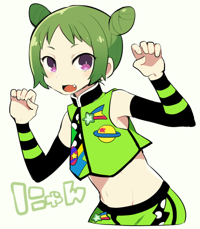 1girl :d bare_shoulders commentary_request cone_hair_bun cowboy_shot cropped_legs detached_sleeves double_bun fang green_hair green_shirt green_skirt hair_bun hands_up looking_at_viewer morizono_wakana mzh navel open_mouth pretty_rhythm pretty_rhythm_rainbow_live pretty_series purple_eyes shirt shooting_star short_hair simple_background skirt smile solo standing translation_request white_background