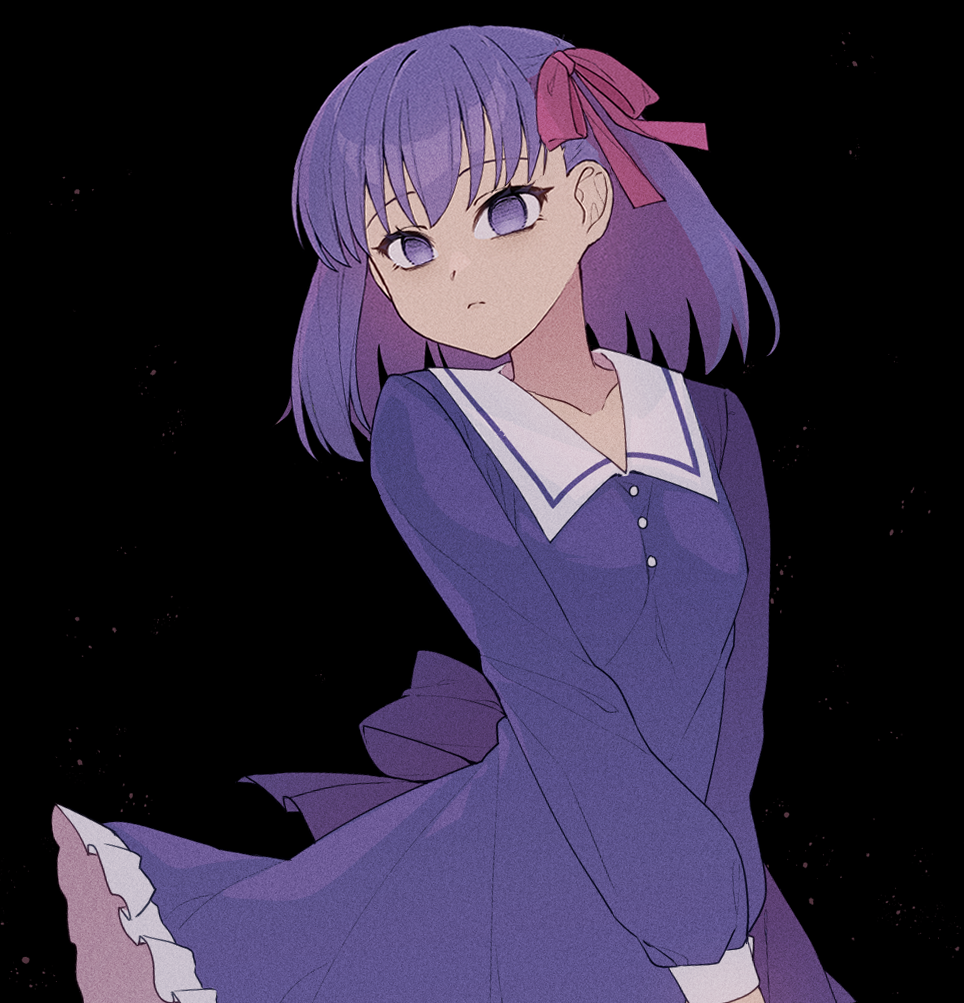 1girl back_bow black_background bow collarbone dress fate/stay_night fate/zero fate_(series) hair_ribbon looking_at_viewer matou_sakura own_hands_together pink_ribbon purple_dress purple_eyes purple_hair ribbon sailor_collar simple_background solo symoca white_sailor_collar