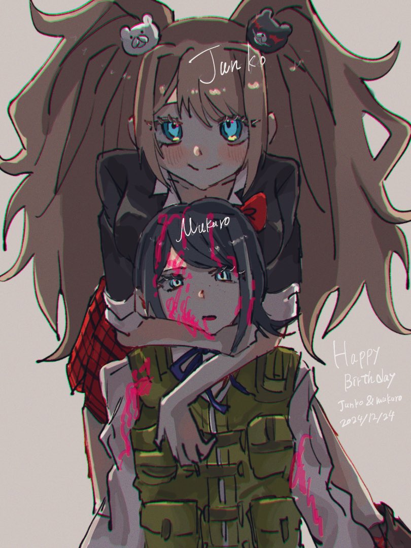 2girls black_hair blonde_hair blood danganronpa:_trigger_happy_havoc danganronpa_(series) enoshima_junko ikusaba_mukuro incest looking_at_viewer multiple_girls pink_blood siblings simple_background sisters tagme twincest twins yuri