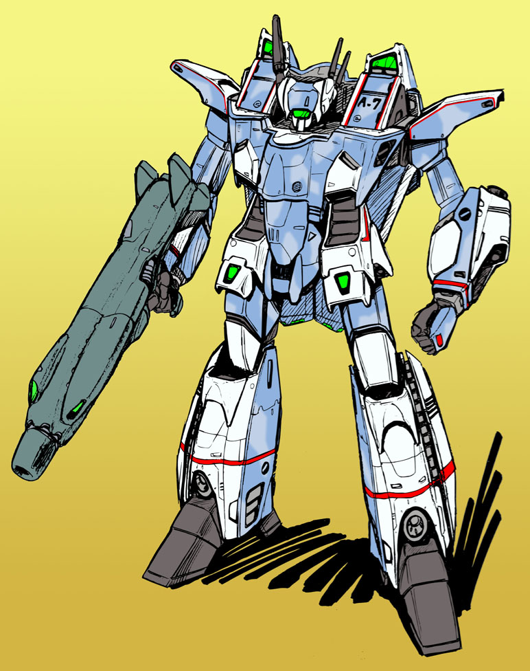 1980s_(style) gun gunpod kawamori_shouji macross macross_m3 mecha no_humans official_art oldschool retro_artstyle rifle robot science_fiction vf-3000 weapon