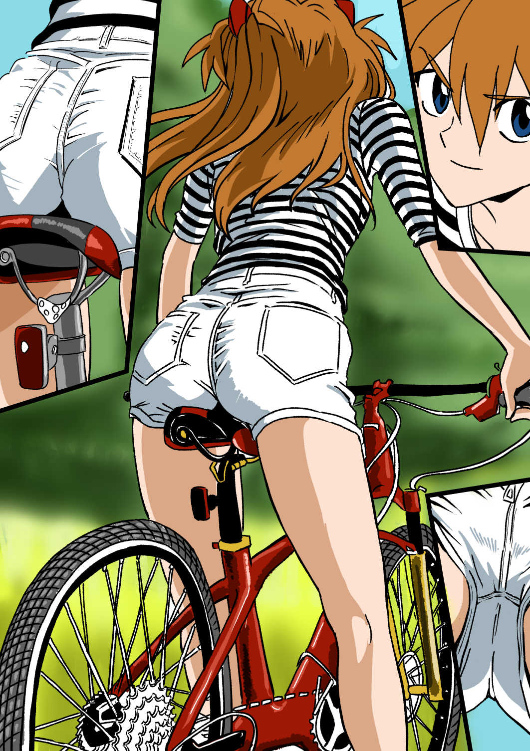 1girl arm_support ass ass_focus back bare_legs bicycle blue_eyes breasts brown_hair casual crotch_rub curvy day denim denim_shorts eywy4324 hair_between_eyes hair_ornament highres long_hair looking_at_viewer multiple_views neon_genesis_evangelion outdoors riding riding_bicycle shirt short_shorts shorts sideboob simple_background sitting skin_tight skindentation small_breasts smile solo souryuu_asuka_langley striped_clothes striped_shirt two_side_up upper_body wide_hips zoom_layer