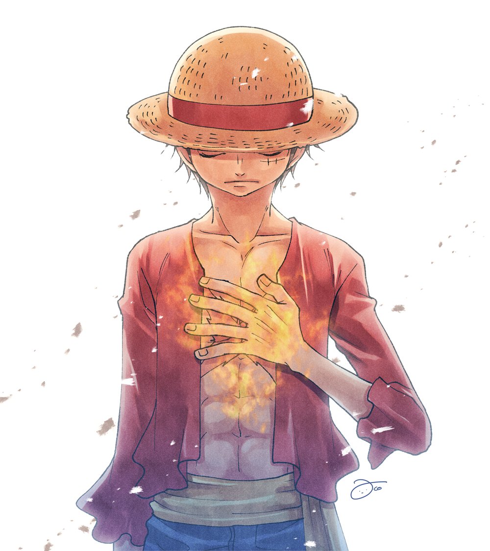 1boy aco_peda black_hair blue_shorts closed_eyes closed_mouth commentary_request cowboy_shot dust fire hand_on_own_chest hat long_sleeves male_focus monkey_d._luffy one_piece open_clothes open_shirt red_shirt sash scar scar_on_chest scar_on_face shirt short_hair shorts signature simple_background solo straw_hat white_background yellow_sash