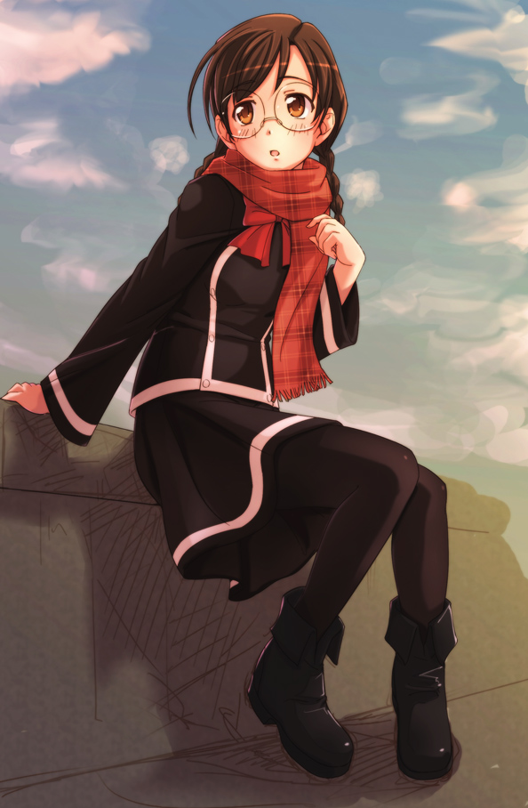 1girl :o ankle_boots black_pantyhose black_skirt blush boots braid brown_eyes brown_hair clala e20 female_focus full_body glasses long_sleeves looking_at_viewer pantyhose parted_lips quiz_magic_academy scarf sitting skirt solo twin_braids