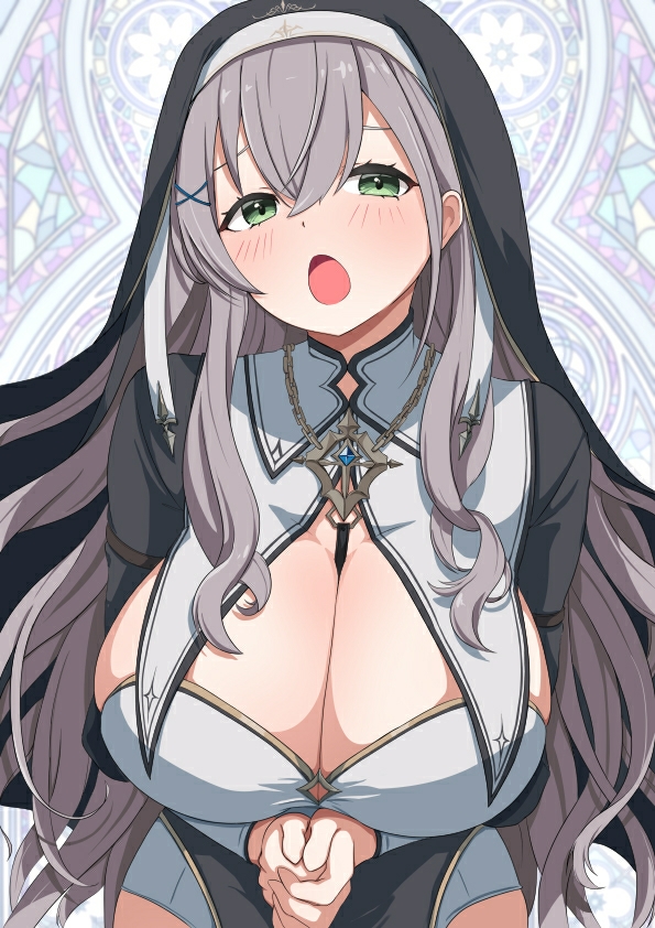 1girl blush breasts cleavage green_eyes grey_hair habit hair_between_eyes hair_ornament hairclip hololive huge_breasts jewelry long_hair looking_at_viewer necklace nun open_mouth praying shachikunoosamu shirogane_noel shirogane_noel_(nun) solo virtual_youtuber