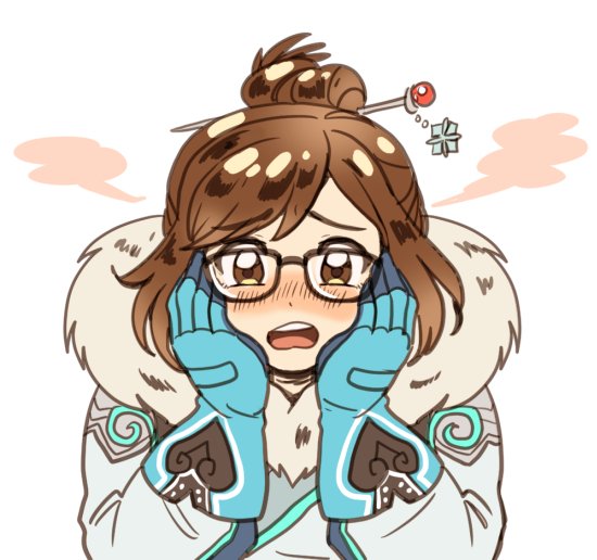 1girl bad_id bad_twitter_id beads black-framed_eyewear blue_gloves blush coat derivative_work embarrassed eyebrows female_focus fur-trimmed_jacket fur_coat fur_trim glasses gloves hair_bun hair_ornament hair_stick hands_on_own_cheeks hands_on_own_face jacket jocheong looking_at_viewer mei_(overwatch) open_mouth overwatch overwatch_1 panza parka short_hair sidelocks simple_background single_hair_bun snowflake_hair_ornament solo swept_bangs teeth upper_body white_background winter_clothes winter_coat