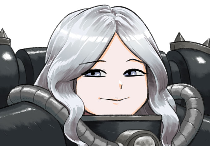 1girl adepta_sororitas armor closed_mouth commission grey_eyes grey_hair long_hair looking_at_viewer lutherniel parted_bangs pauldrons shoulder_armor simple_background smile solo warhammer_40k white_background