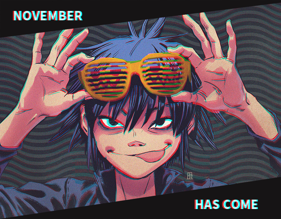 1girl a-ka black_eyes black_hair chromatic_aberration commentary english_text gorillaz holding holding_removed_eyewear jack-o&#039;-lantern_eyewear jamie_hewlett_(style) noodle_(gorillaz) november short_hair solo tongue tongue_out unworn_eyewear upturned_nose