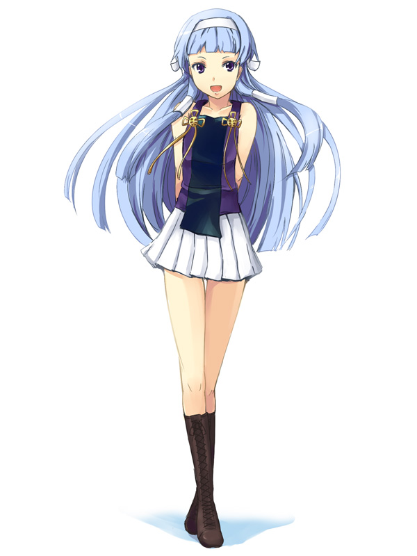 00s 1girl blue_hair blunt_bangs boots female_focus gin&#039;ichi_(akacia) ginichi hair_ornament hairband kannagi long_hair miniskirt nagi pleated_skirt purple_eyes skirt smile solo standing tank_top white_skirt