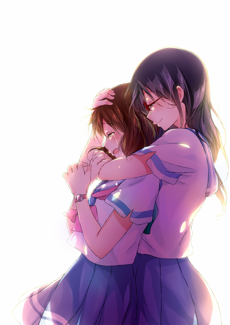 2girls backlighting black_hair blush brown_hair crying from_side hand_on_another&#039;s_head hibike!_euphonium highres hug hug_from_behind komugiko long_hair multiple_girls open_mouth oumae_kumiko school_uniform short_hair short_sleeves smile tanaka_asuka watch wavy_hair white_background wristwatch yuri